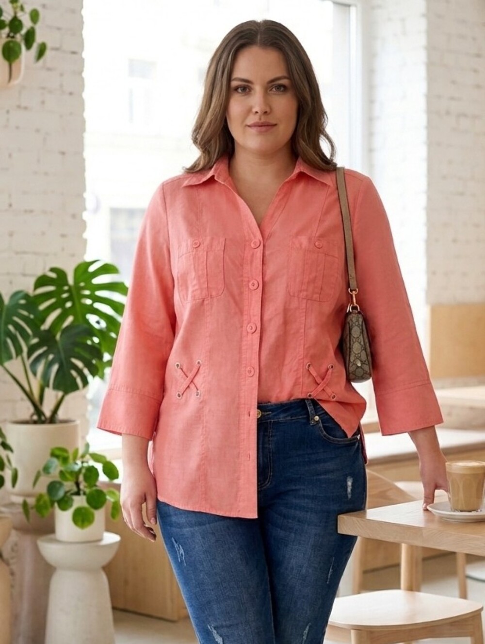 Pretty💓Coral Button-Down Linen Shirt Sz XL